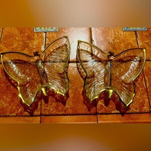 Vintage 1950s Jeannette Glass clear butterfly-shaped dish with gold trim